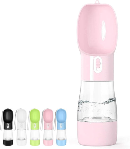 Portable Dog Water Bottle with Food Storage Container, Dishwasher Safe - Pink