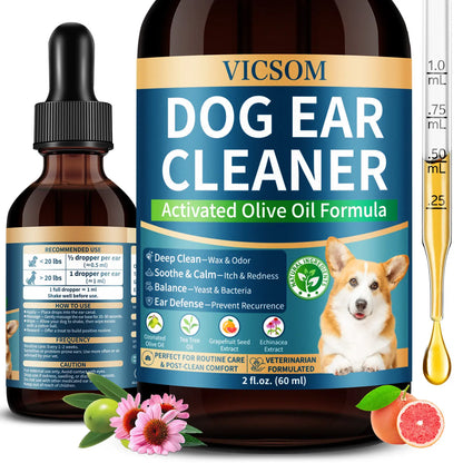 VICSOM Alcohol-Free Dog Ear Cleaner - 60ml Ozonated Olive Oil and Botanical Formula for Wax Removal, Dirt and Debris Control, and Routine Grooming with Ear Freshening Benefits