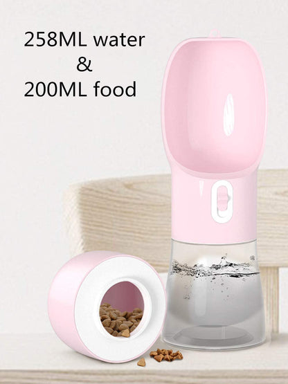 Portable Dog Water Bottle with Food Storage Container, Dishwasher Safe - Pink