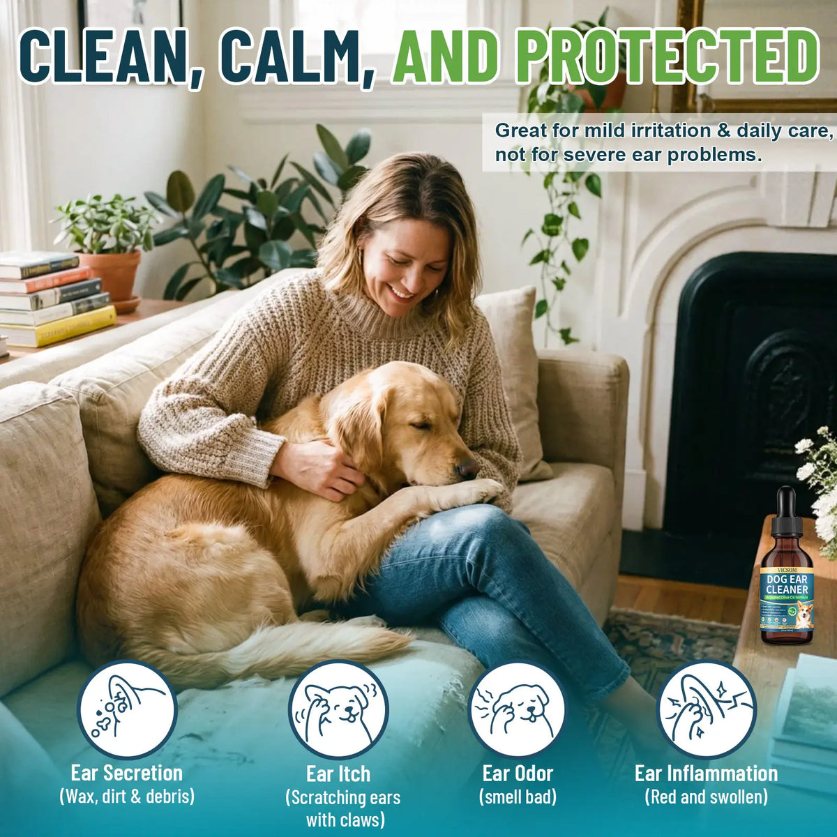 VICSOM Alcohol-Free Dog Ear Cleaner - 60ml Ozonated Olive Oil and Botanical Formula for Wax Removal, Dirt and Debris Control, and Routine Grooming with Ear Freshening Benefits