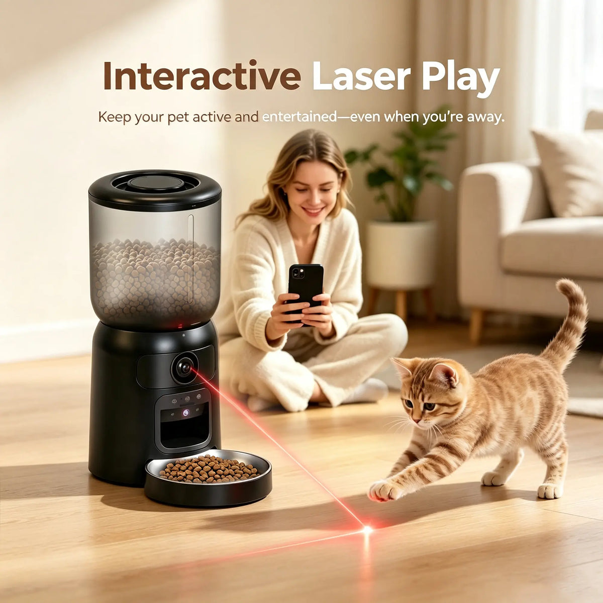 Taleboss Smart Automatic Cat Feeder with Integrated Camera, 5L Capacity, Laser Toy, 1080P HD Video, App Control, Night Vision, Dual Band Wifi Connectivity, and Two-Way Audio