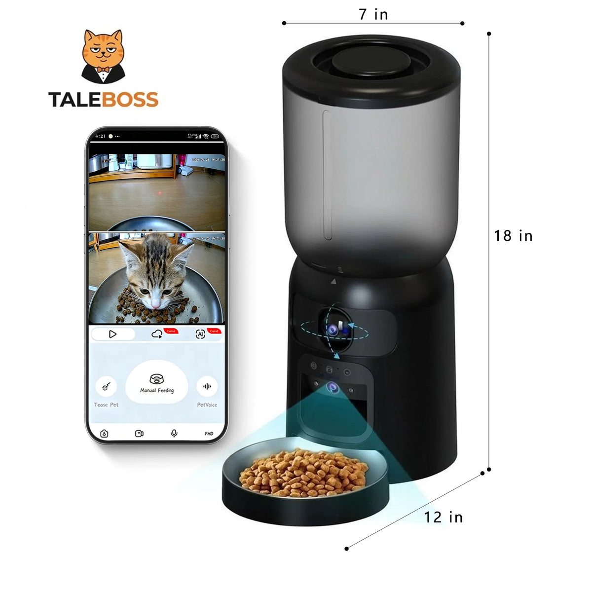 Taleboss Smart Automatic Cat Feeder with Integrated Camera, 5L Capacity, Laser Toy, 1080P HD Video, App Control, Night Vision, Dual Band Wifi Connectivity, and Two-Way Audio