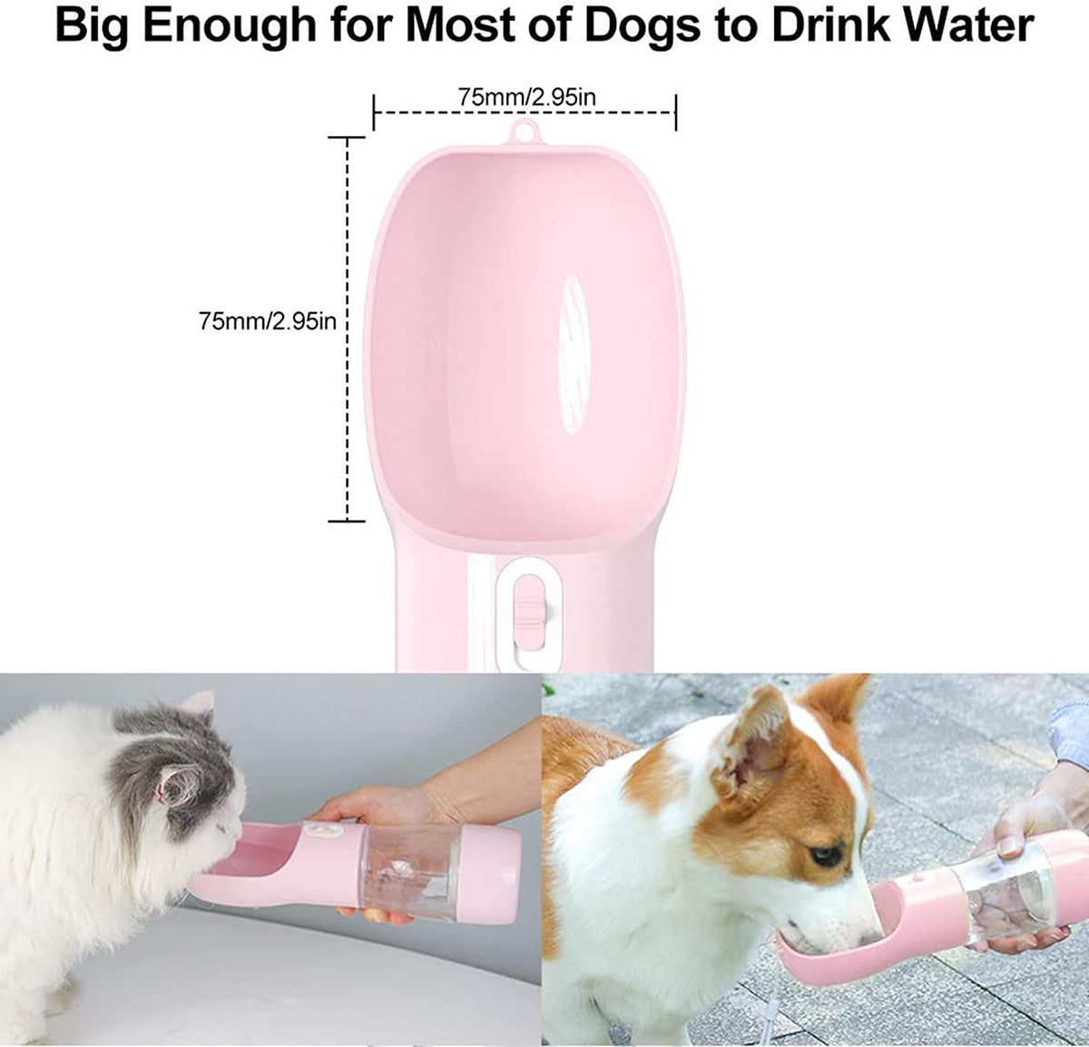 Portable Dog Water Bottle with Food Storage Container, Dishwasher Safe - Pink