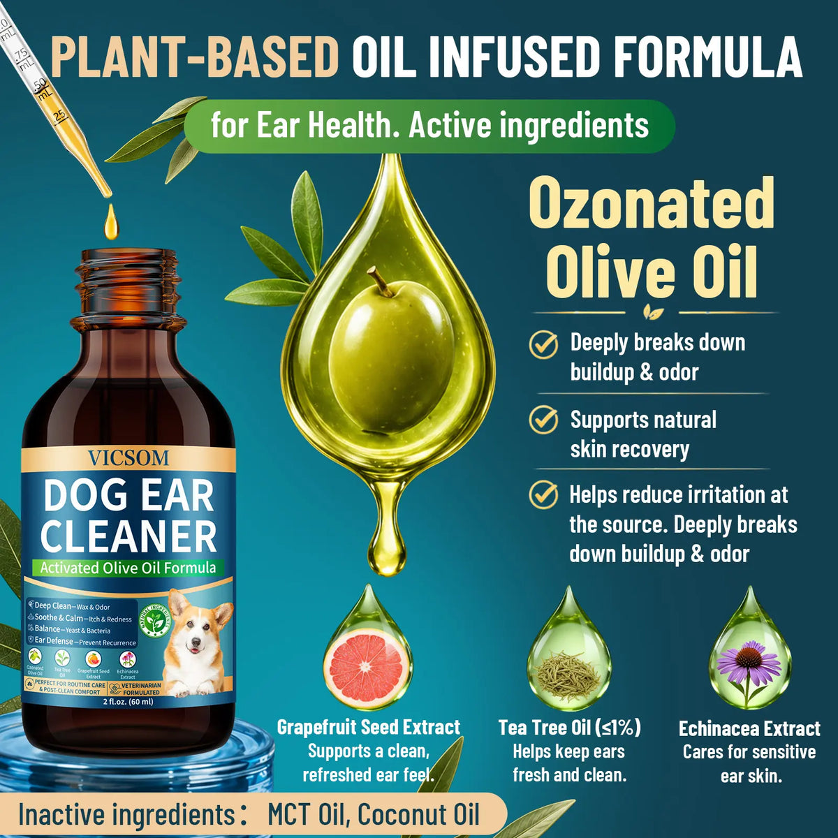 VICSOM Alcohol-Free Dog Ear Cleaner - 60ml Ozonated Olive Oil and Botanical Formula for Wax Removal, Dirt and Debris Control, and Routine Grooming with Ear Freshening Benefits